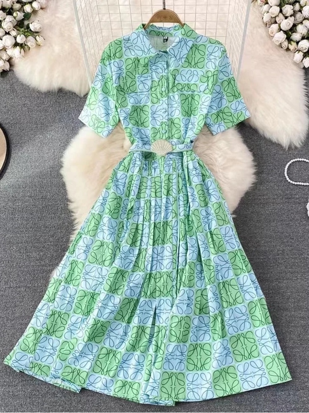Green & blue Printed Midi Shirt Dress